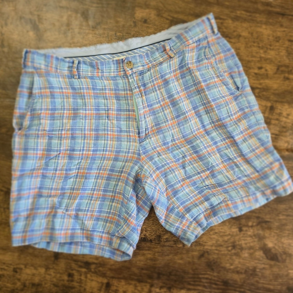 PETER MILLAR Plaid Shorts Mens 34 Blue Orange Linen Blend Flat Front Golf Summer